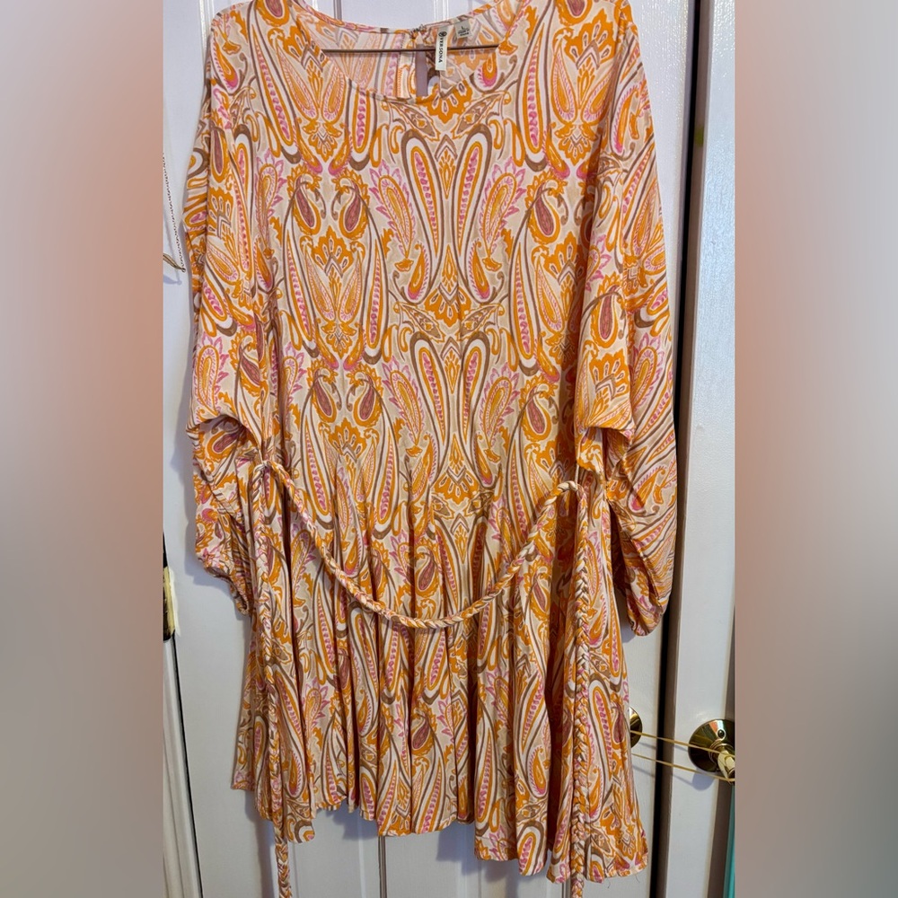 Versona Vibrant Orange and Pink Paisley Print  godet skirt dress L